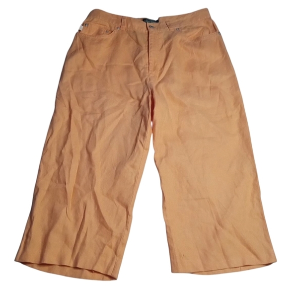 Ralph Lauren Melon Color 100% Linen Wide Leg Cropped 5 Pocket Pants Size 12 - Picture 1 of 8